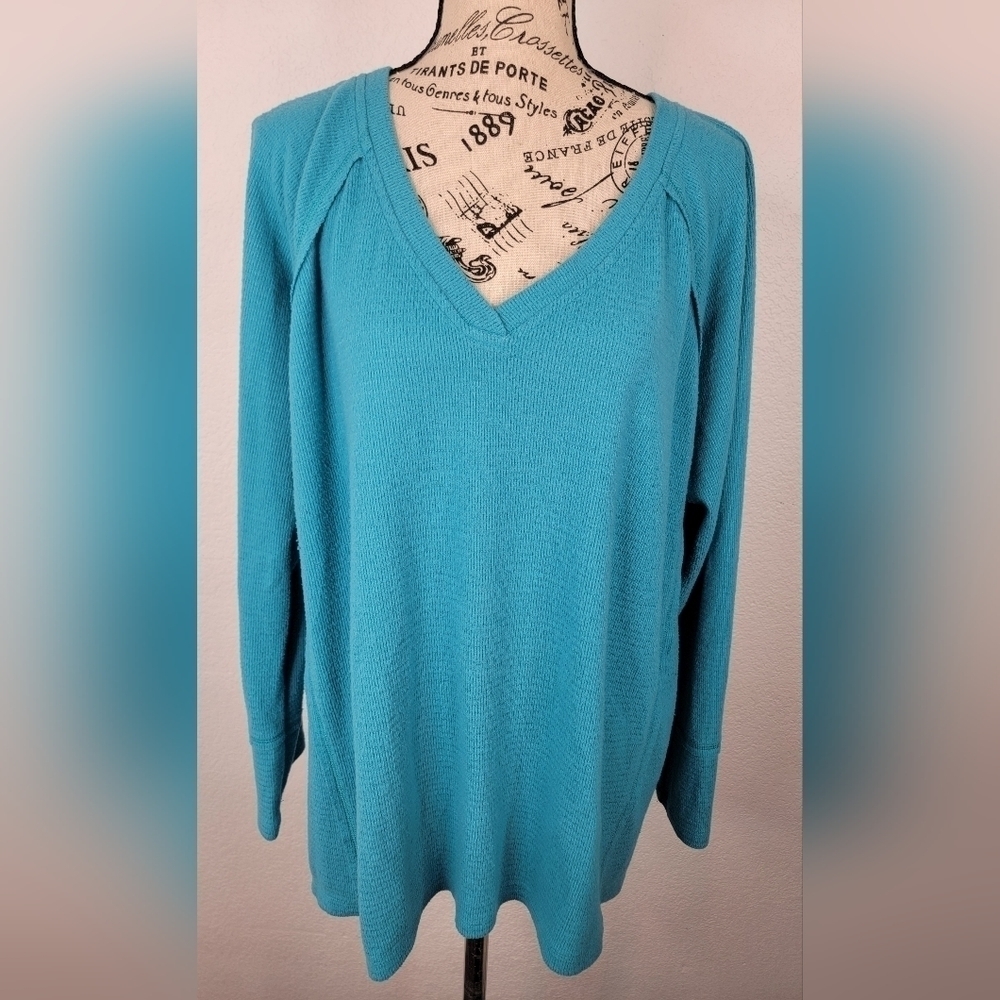 Wildfox XL Sweatshirt Top V Neck Exposed Seams Teal Blue
